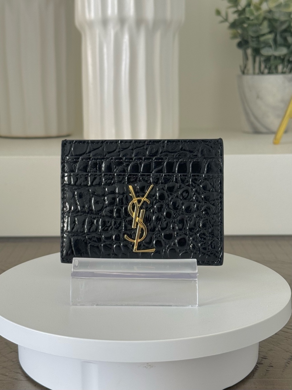 Saint Laurent YSL Croc-Embossed Leather Card Holder – Black with Gold Logo